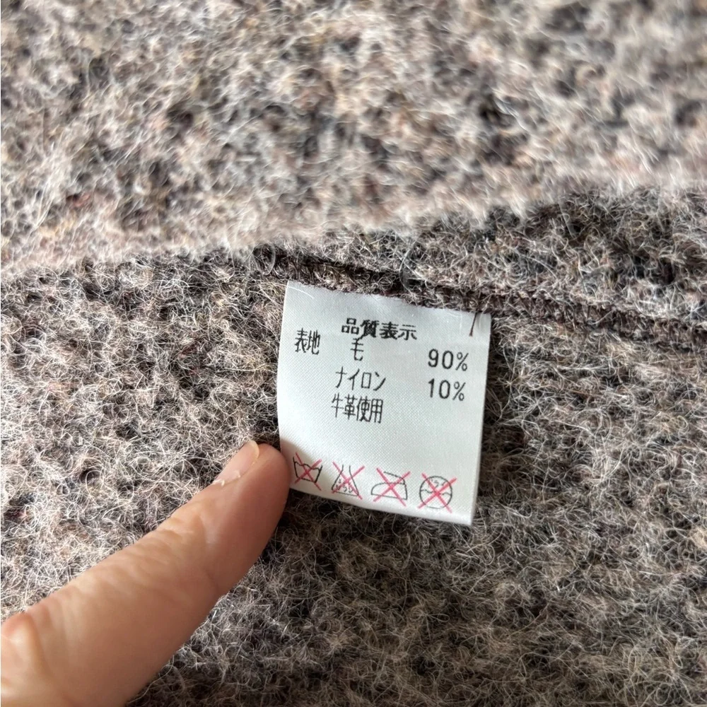 Vintage Made In Japan Women's Brown Wool Leather Trim Coat L - Picture 9 of 9